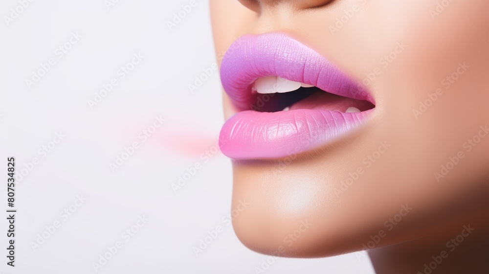 Close-up of glossy pink lips, slightly parted, showcasing smooth skin and the shine of the lipstick. Close-up of glossy pink lips, slightly parted, showcasing smooth skin and the shine of the lipstick.
