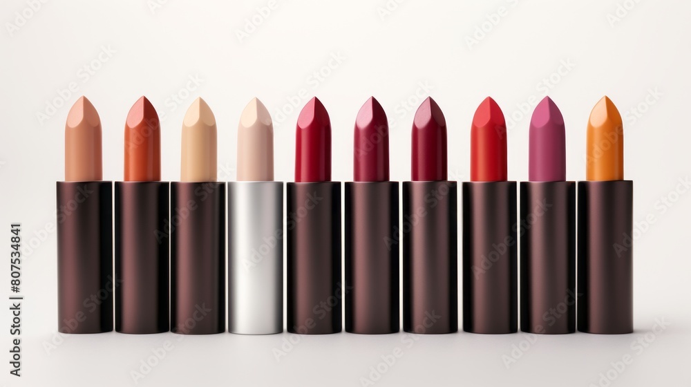 A lineup of lipsticks in various shades, ranging from light nudes to vibrant reds, purples, and an intense orange against a clean white background. A lineup of lipsticks in various shades, ranging from light nudes to vibrant reds, purples, and an intense orange against a clean white background.