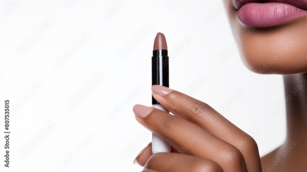 Obraz premium a close-up of a black woman applying a nude lipstick against a white backdrop.