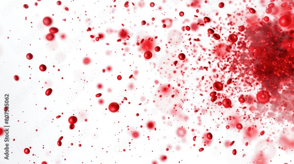 Abstract red liquid with flying red cell particles on a white background. Abstract red liquid with flying red cell particles on a white background.