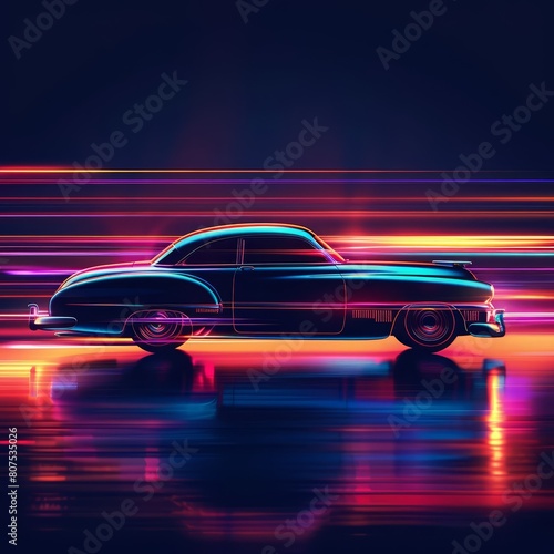 Colorful Glow HUD icon of a vintage car presented with very blurry backdrop evoking a sense of speed