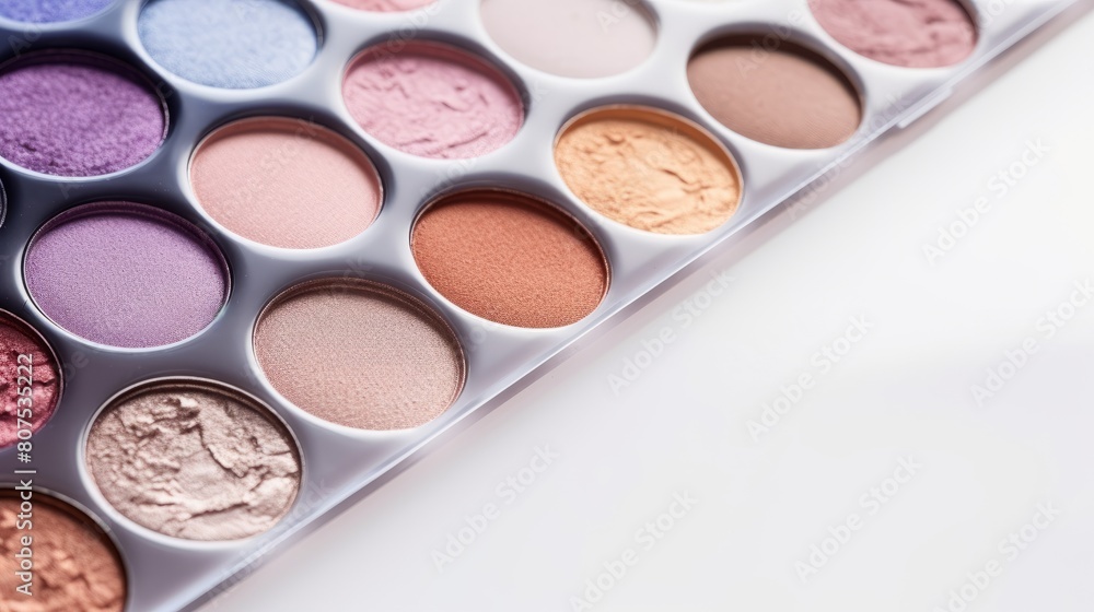 eyeshadow palette with a variety of colors and finishes, from matte neutrals to bold metallics, arranged in circular pans against a white background. eyeshadow palette with a variety of colors and finishes, from matte neutrals to bold metallics, arranged in circular pans against a white background.