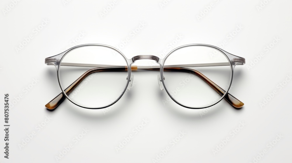 A close-up of round, silver-framed eyeglasses with clear lenses and brown handles on a white background A close-up of round, silver-framed eyeglasses with clear lenses and brown handles on a white background
