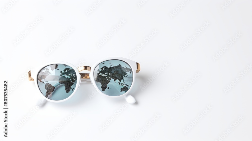 Creative sunglasses with a world map reflection in the lenses, golden frames, set against a white background Creative sunglasses with a world map reflection in the lenses, golden frames, set against a white background