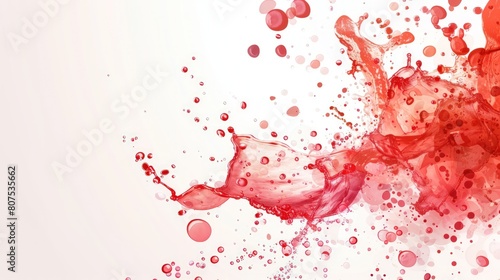 Abstract red liquid splashes and bubbles on a white background.