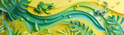 Creative paper art of amphibians in solid color  presenting a vibrant ecosystem  banner template sharpen with copy space