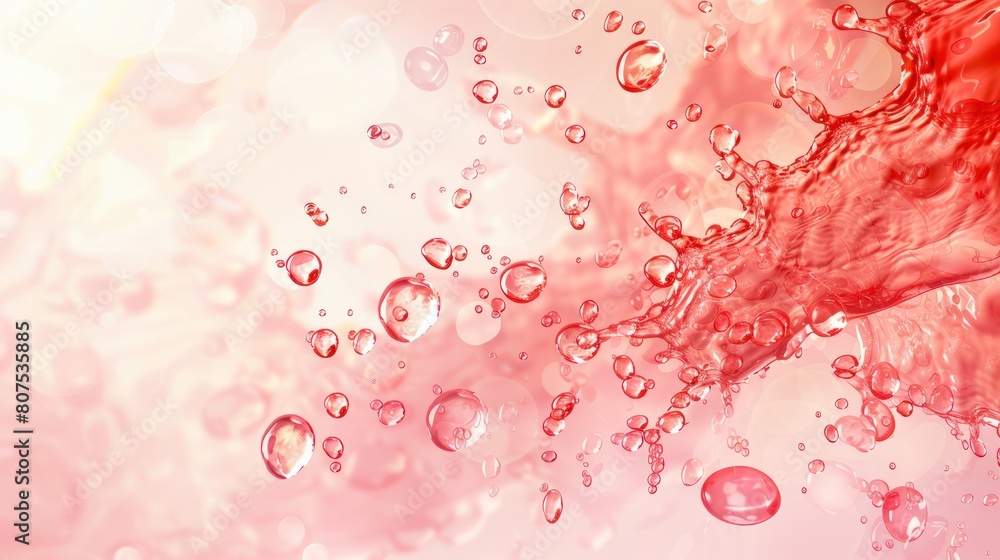 Abstract red liquid splashes and bubbles on a white background.
