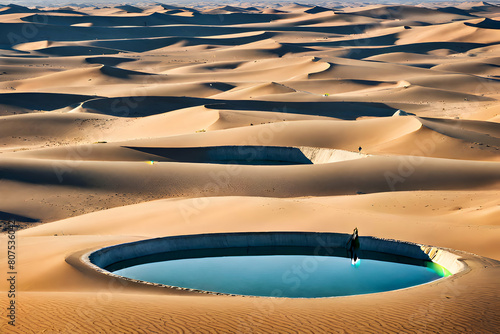 Mirage Pool Amidst Barren Desert Landscape Reflecting the Blazing Sun