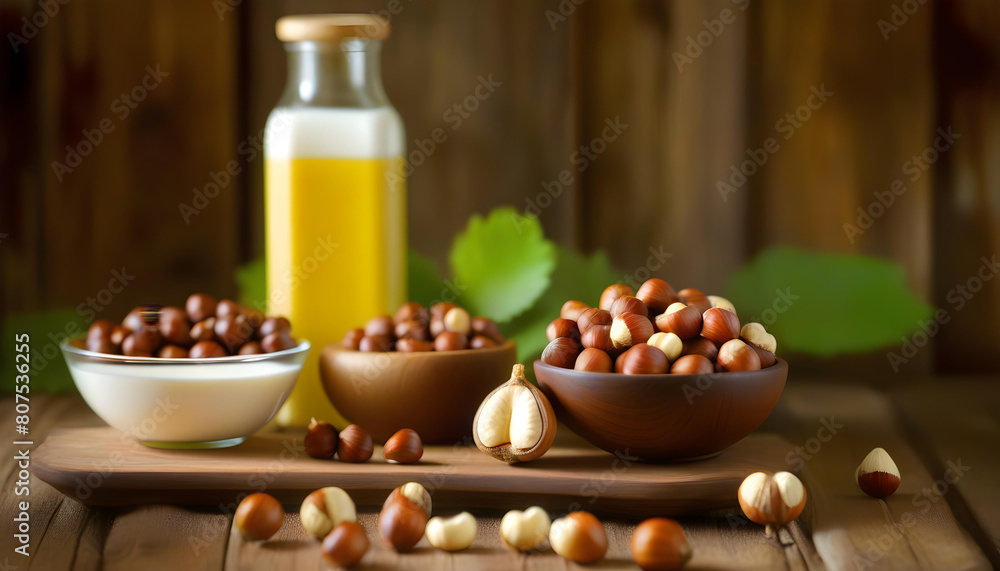 hazelnuts on a rustic teak wood background, with a jar of oil in the wooden background hazelnuts on a rustic teak wood background, with a jar of oil in the wooden background