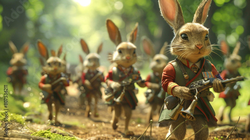 Cute Rabbit army parade scene wearing beautiful uniform and holding a weapon. photo