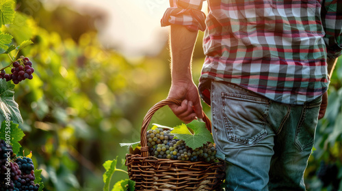 Back view of a man holding a basket with grapes in a vineyard photo
