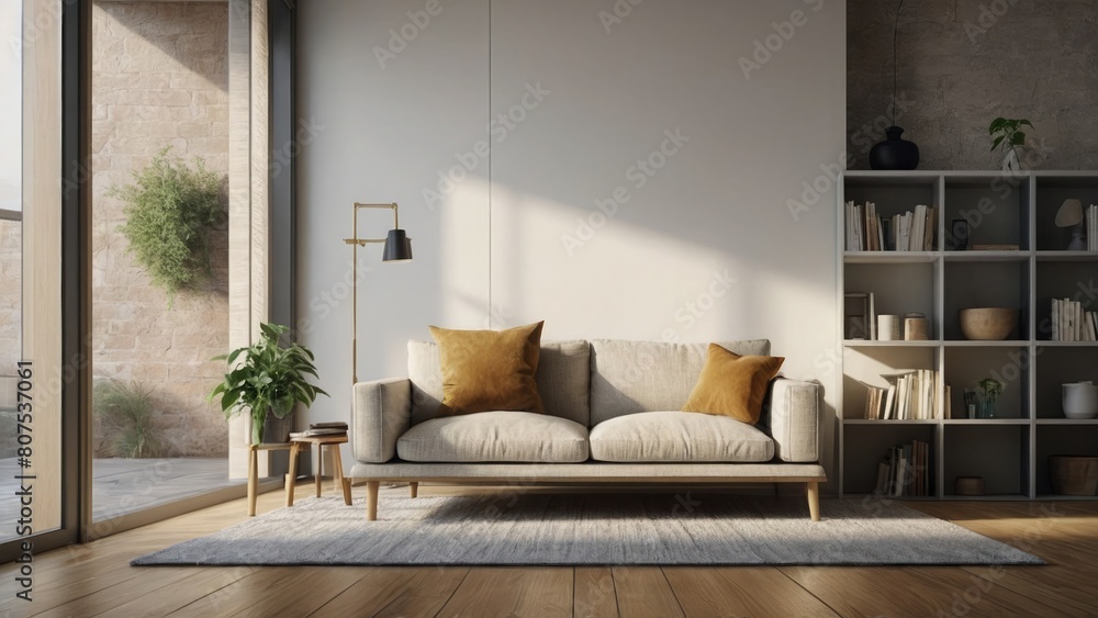 Fototapeta premium Cozy Living Room with Earthy Neutral Tones Modern Decor and Natural Light, beige and dark atmosphere