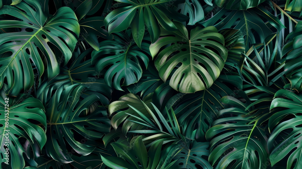 Seamless pattern. Lush green monstera leaves, great for tropical and botanical themes. Seamless pattern. Lush green monstera leaves, great for tropical and botanical themes.