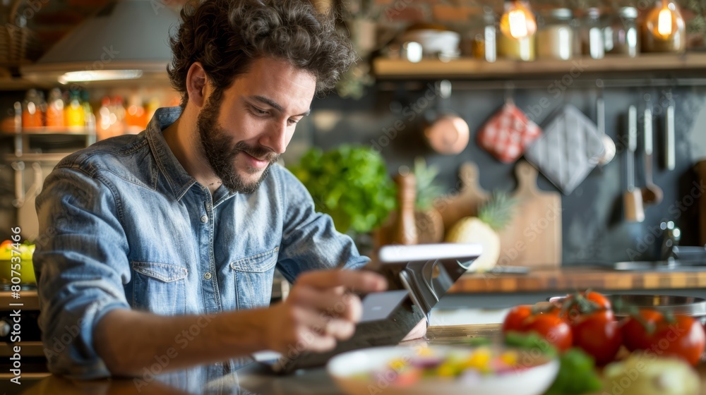 Focused man using tablet in kitchen, ideal for home cooking and digital lifestyle content. Focused man using tablet in kitchen, ideal for home cooking and digital lifestyle content.