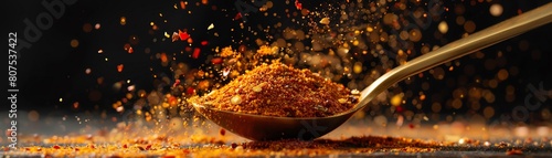 Closeup of a golden spoon overflowing with rich, red chili powder, against a stark black backdrop photo