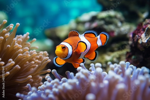 Underwater scene with colorful tropical fish swimming among vibrant coral reefs and anemones in an aquarium
