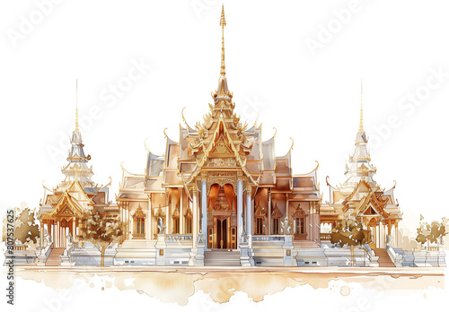 Illustration watercolor painting, A beautiful temple, famous place in Bangkok Thailand, Generative AI
