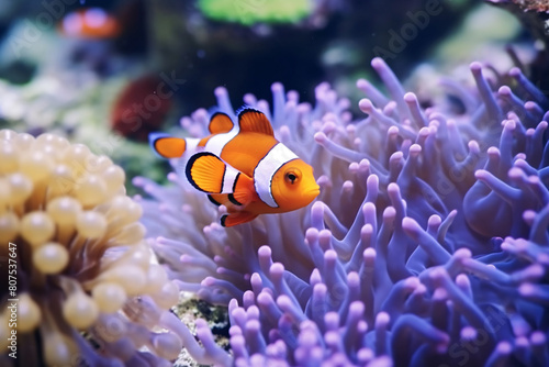 Fish swim in an aquarium  on a reef  and among coral