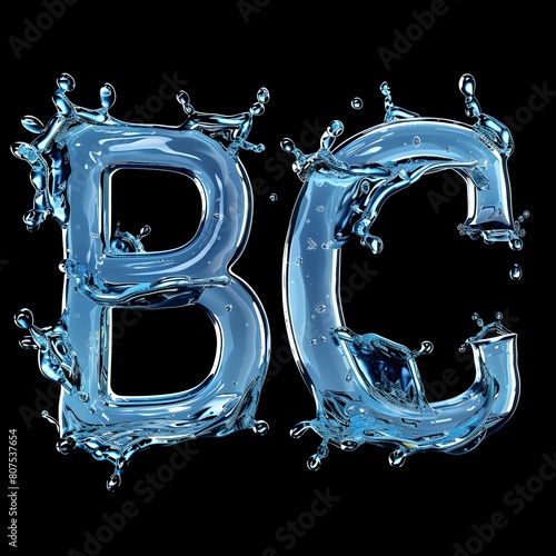 Bc letters logo made of transparent ice and crystals white and blue
