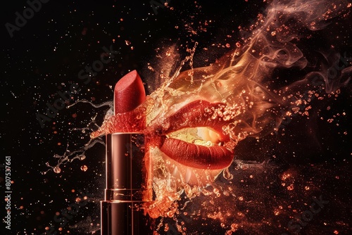 Lipsticks and lip balms twist into a fiery explosion on a black background