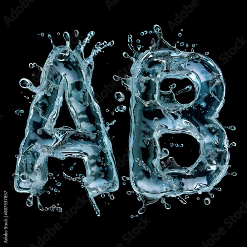 Dynamic Water Splash Shaped as Letter A Isolated on White Transparent ice font letter B on blue background 3d rendering

