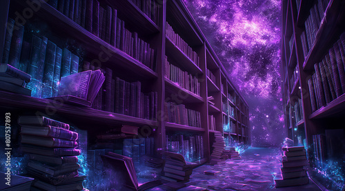 A purple and blue library filled with books