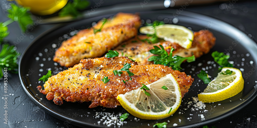 breaded chicken cutlets on black plate with lemon slices, generative AI breaded chicken cutlets on black plate with lemon slices, generative AI