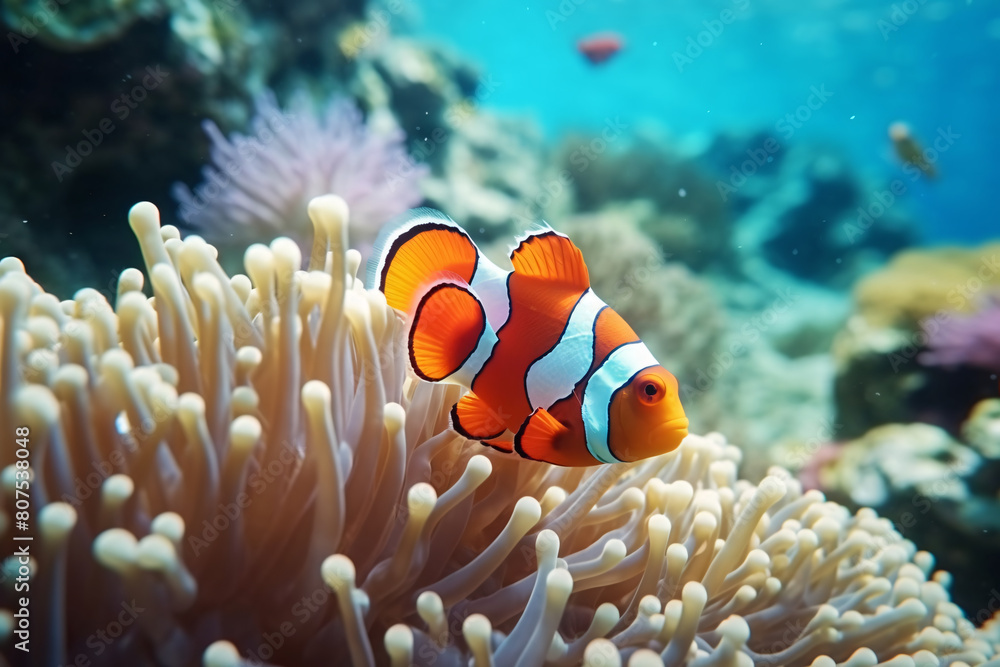 Colorful fish swim in an underwater reef among vibrant coral and sea anemones Colorful fish swim in an underwater reef among vibrant coral and sea anemones