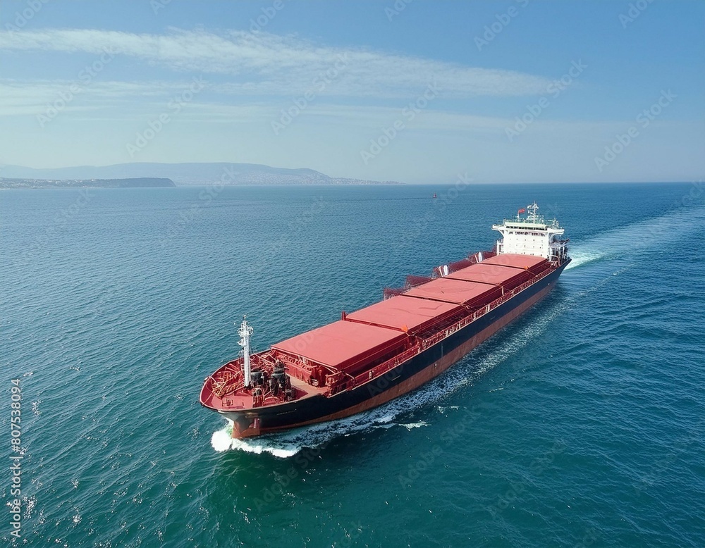 A bulk carrier freight ship traveling on full motion over blue sea A bulk carrier freight ship traveling on full motion over blue sea
