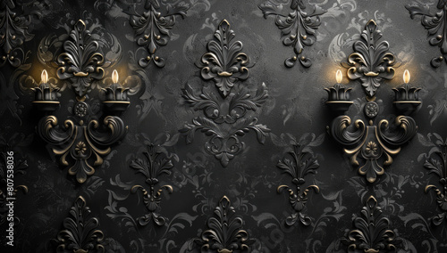  Dark and mysterious damask wallpaper design with three distinct patterns, each featuring intricate floral designs in shades of grey against a solitary background. Created with Ai