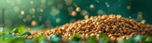 A macro shot of fenugreek seeds with tiny water droplets, set against a deep, emerald green background photo