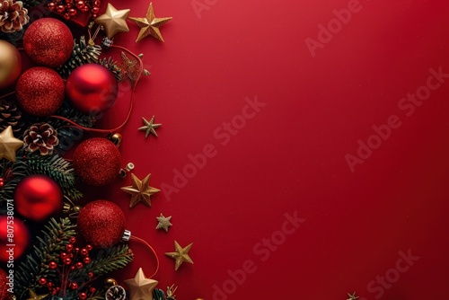 Christmas red background with decorations, stars, and balls on the left side.