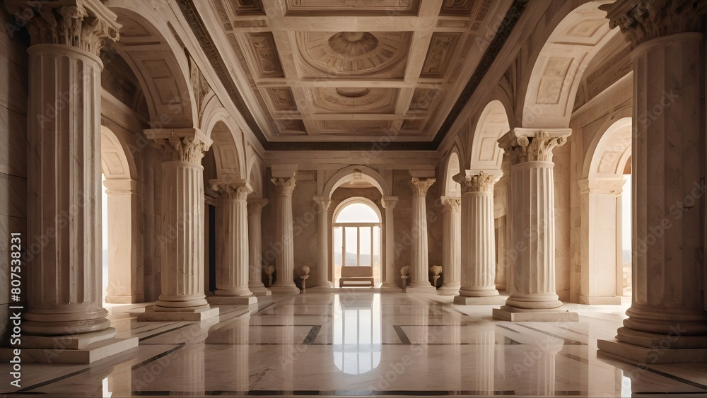 Ancient Greek architecture with symmetrical pillars and a classical marble interior