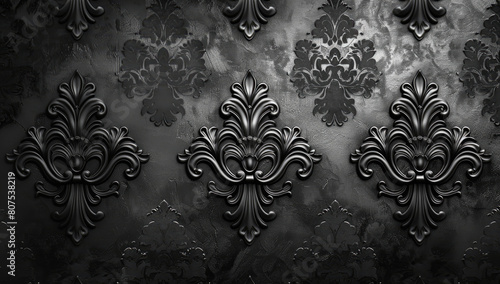 Dark black and white Victorian rococo wall patterns with a dark grey background. Created with Ai