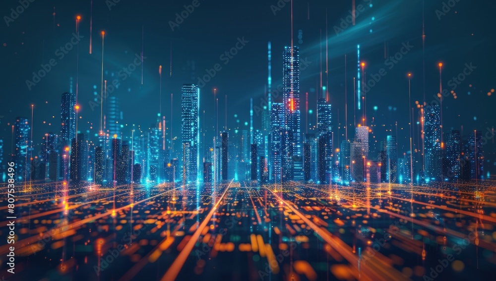 Futuristic cityscape with glowing lines of data flowing through the air, creating an abstract digital background.