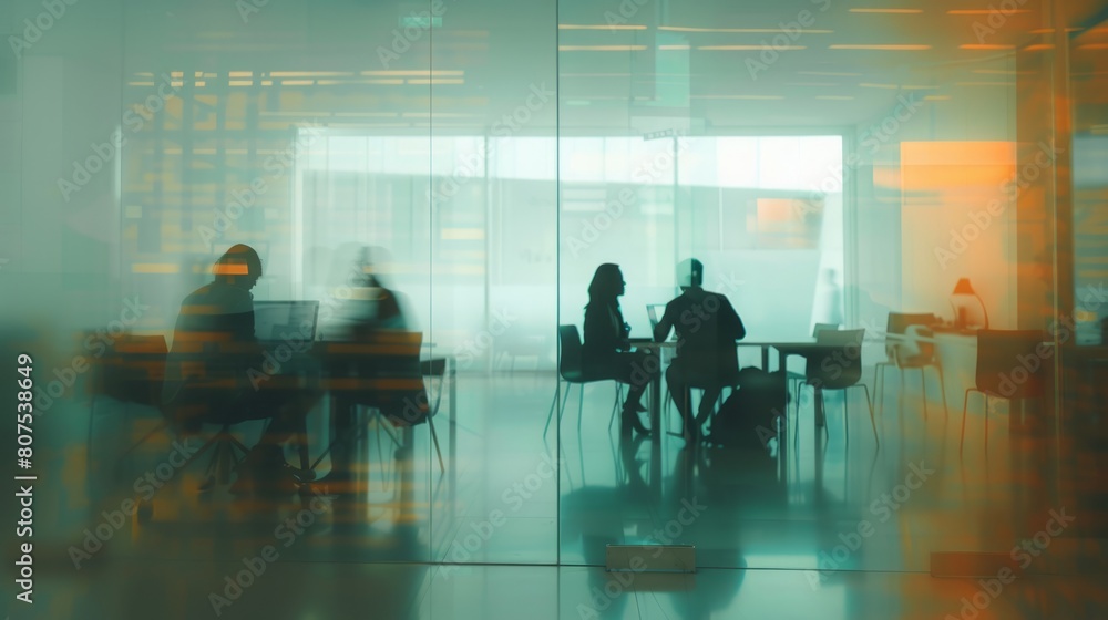 People working on computer pc behind glass wall, it specialists and programmers working in open space modern office Background