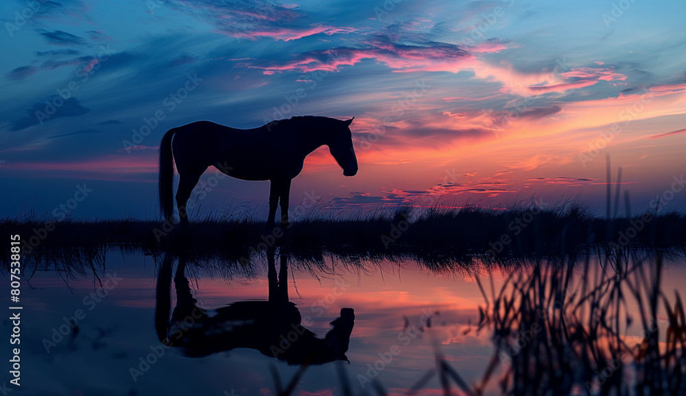 Silhouette of horse with dawn sky