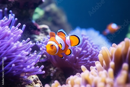 Colorful Tropical Fish in Ocean Aquarium Amidst Coral and Anemone, Diving in Blue Saltwater Reef © masud