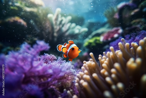Tropical fish swimming in a colorful coral reef aquarium underwater photo