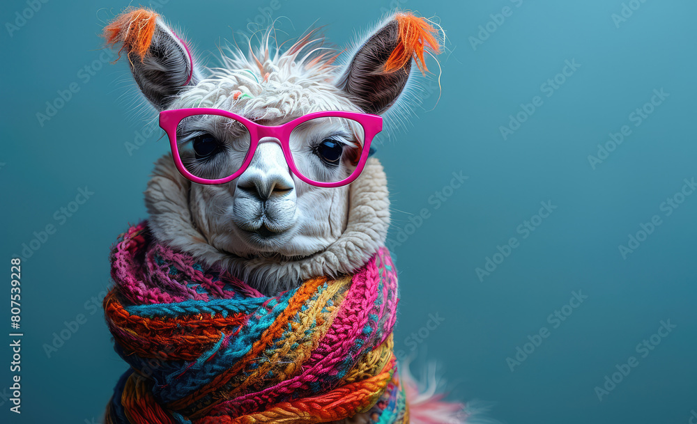  A lama wearing pink glasses and colorful scarf, funny animal portraits. Created with Ai
