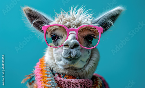  A lama wearing pink glasses and colorful scarf, professional photography of the subject. Created with AI