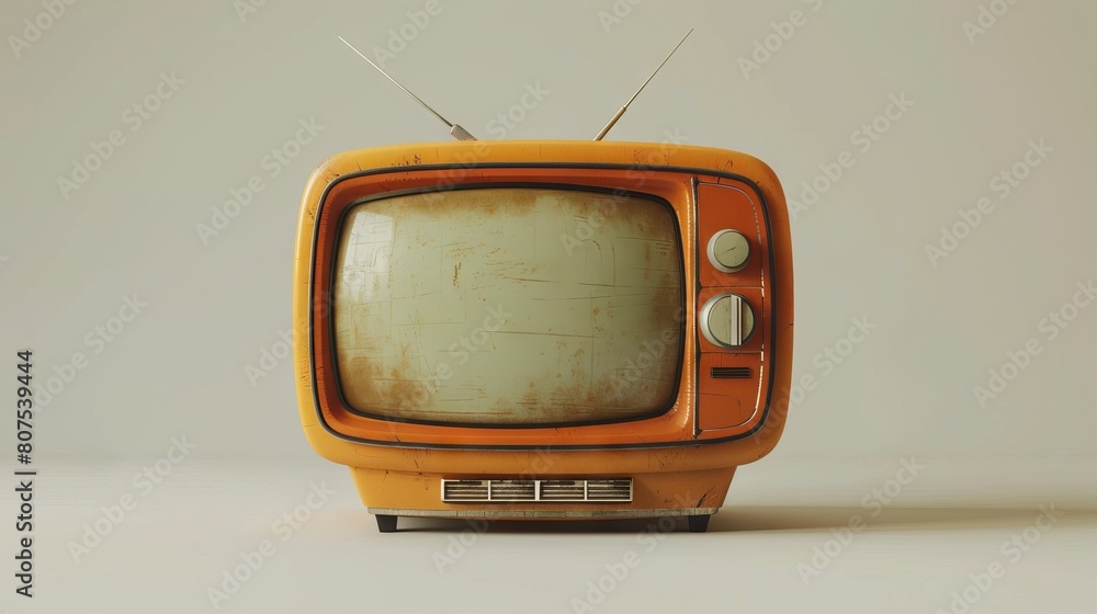 3D clay render of a retro TV, pristine and isolated on a white backdrop, high-res and detailed