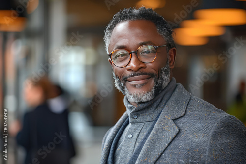 A black man in his fifties, wearing glasses and dressed smartly with grey hair is smiling at the camera while standing outside of an office building during daylight. Created with Ai photo