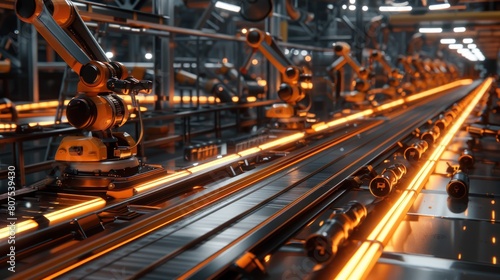 A modern car factory with robot arms on the production line.