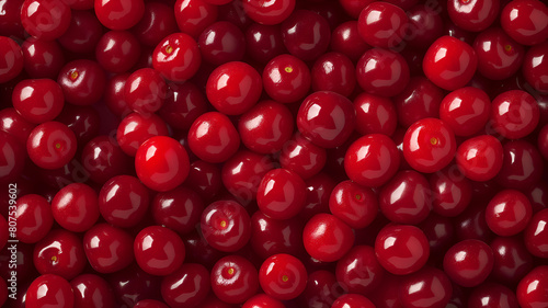 Background of ripe red cherries. View from above. Flat lay.