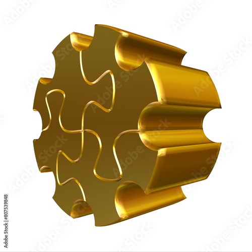 3d golden gear puzzle. Rendering illustration isolated on white background.