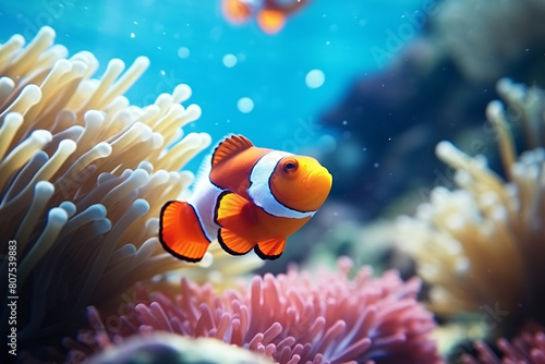 Colorful clownfish swim among the anemones on a vibrant coral reef © masud