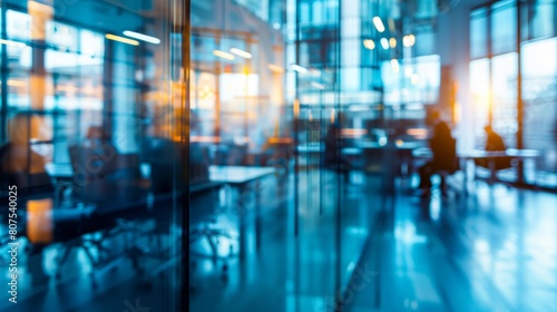 Blurred offices with people working behind glass walls