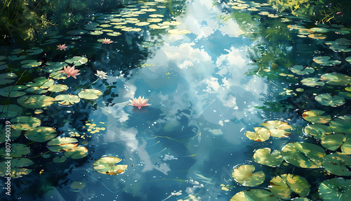 Dive into the tranquil depths of a serene pond reflecting the sky above