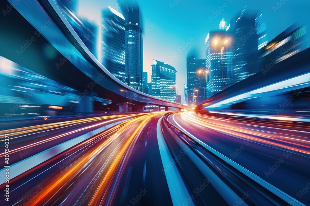 High-speed car driving on highway in modern city at night, light trails motion blur with skyscrapers in the background. High-speed car driving on highway in modern city at night, light trails motion blur with skyscrapers in the background.